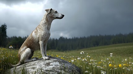 A majestic Irish wolfhound in a meadow gazes thoughtfully at the horizon, surrounded by vibrant wildflowers under a dramatic sky.