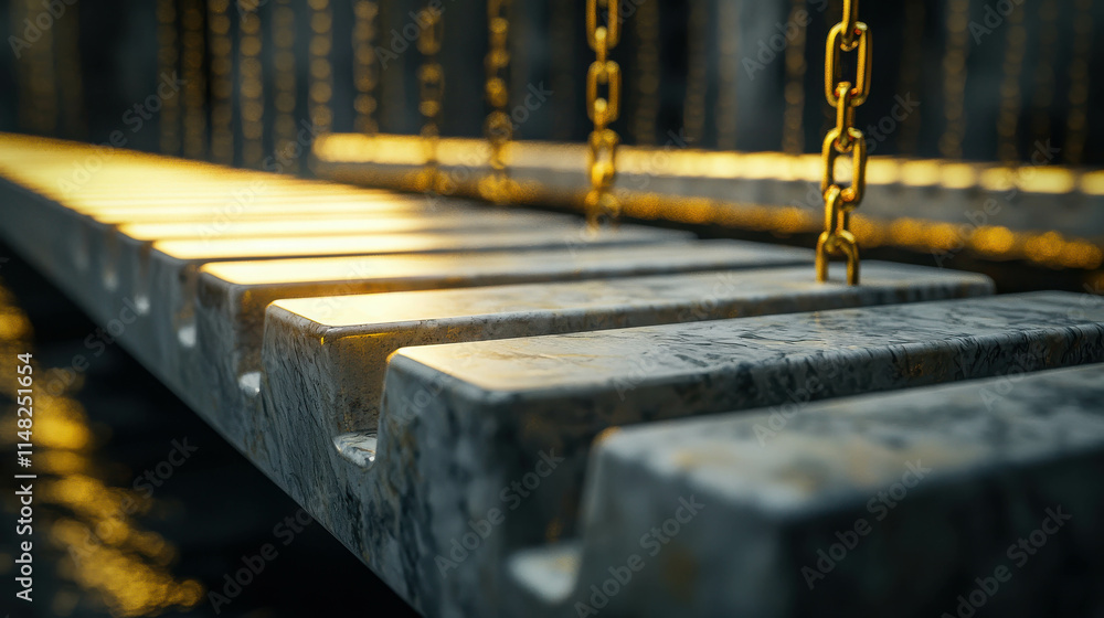 Poster enormous floating keys made of polished material in serene water setting