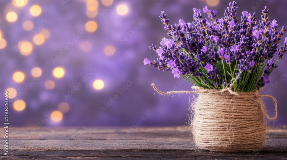Poster elegant lavender bouquet in rustic jar with soft bokeh background