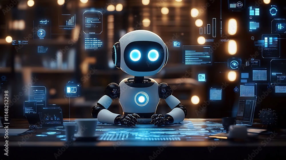 Aufkleber futuristic robot sits at desk, working with holographic displays showing data analysis and charts.