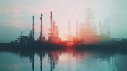 Obraz premium Industrial dawn reflected oil refinery photography urban environment side view industrial growth concept