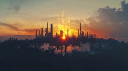 Naklejka premium Industrial sunrise at oil refinery urban landscape photograph twilight aerial view energy production
