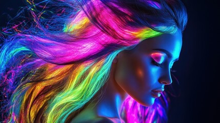Fototapeta premium Neon Rainbow Hair: A Vibrant Portrait of a Woman with Colorful, Glowing Locks
