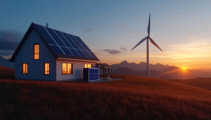 modern house with solar panels and wind turbine at sunset, surrounded by mountains. scene captures renewable energy in serene landscape, showcasing sustainability and innovation