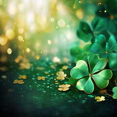 an abstract of
emerald and gold shimmer with glittering
magic adorned with delicate shamrocks