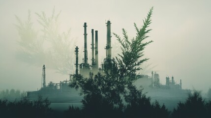 Obraz premium Industrial landscape in fog manufacturing plant atmospheric photography natural surroundings serene viewpoint environmental impact
