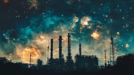 Industrial cosmic landscape oil refinery under starry sky digital art futuristic environment wide-angle view unique concept