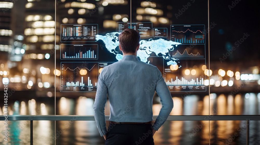 Poster professional businessman analyzes data on digital screen at night, overlooking city skyline. illumin