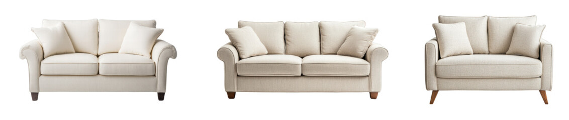 Fototapeta premium Elegant cream sofas with plush cushions in modern design