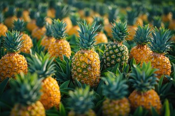 Fototapeta premium Ripe Pineapples Growing Abundantly In Tropical Field