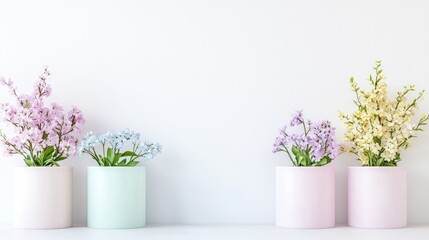 Fototapeta premium Pastel flowers in cylindrical vases against white wall.