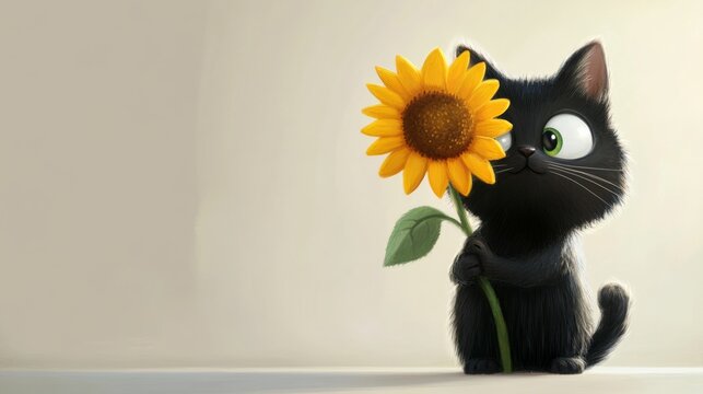 A cute black cat with a sunflower