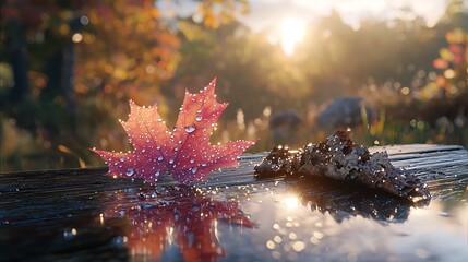 Dew-covered autumn leaf and dead leaf on wood, sunlit background.