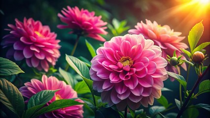 Fototapeta premium Night Blooming Pink Flowers, Lush Green Leaves, Sunlight, Floral Photography, Night Bloom, Pink Flowers, Night Garden, Dark Background, Vibrant Colors