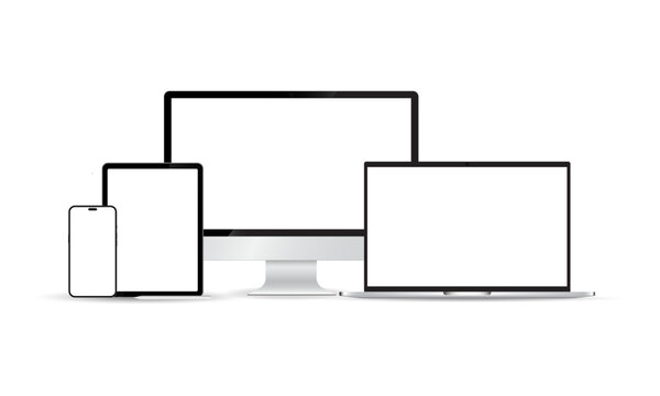 Realistic. Device set - monitor laptop, tablet and phone template. mockup gadget and device black color with blank screen isolated Background. Free Photo