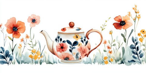A teapot with flowers painted on it. The flowers are orange and yellow. The teapot is on a grassy area