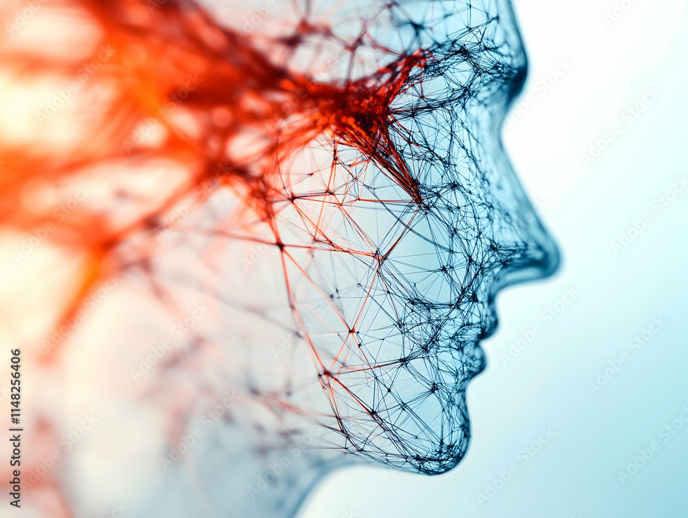 Poster a digital illustration depicting a human profile made of interconnected lines and nodes, symbolizing