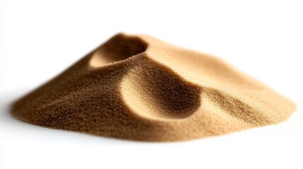 Close-up of a small pile of sand, resembling a miniature desert landscape. The fine grains and subtle contours create a sense of tranquility and simplicity.