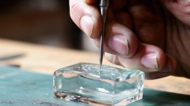 Close up of hand carving glass cube