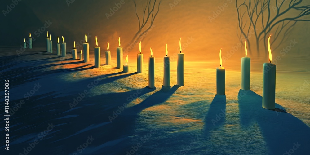 Poster a long line of candles are lit up in the snow, creating a warm and cozy atmosphere. the candles are 