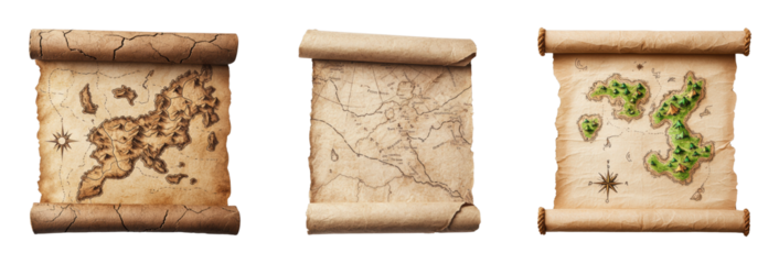 Vintage treasure maps with intricate details and textures