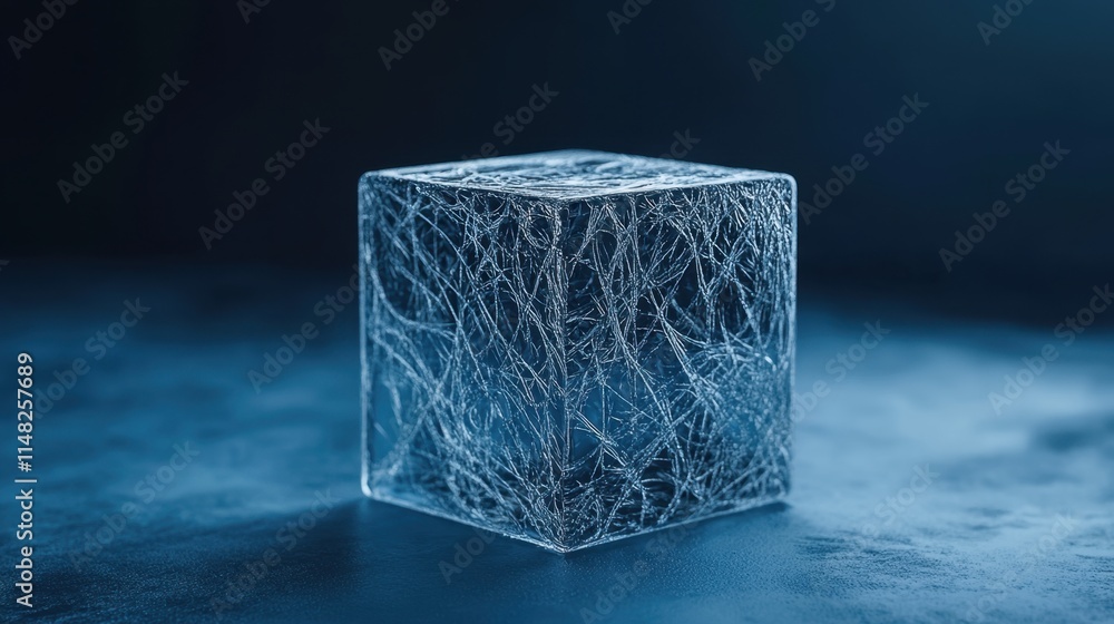 Poster intricate ice cube with bubbles and frozen texture in dark background
