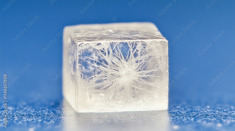 Poster close-up of a clear ice cube with intricate frozen patterns