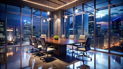 Fototapeta premium Night Meeting Room Photography: Dark Office Conference Room Images, Modern Business Meeting Space, Low Light Interior Design