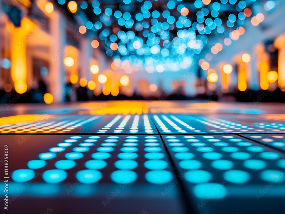 Aufkleber a vibrant scene featuring illuminated blue dots on a surface, with soft bokeh lights in the backgrou