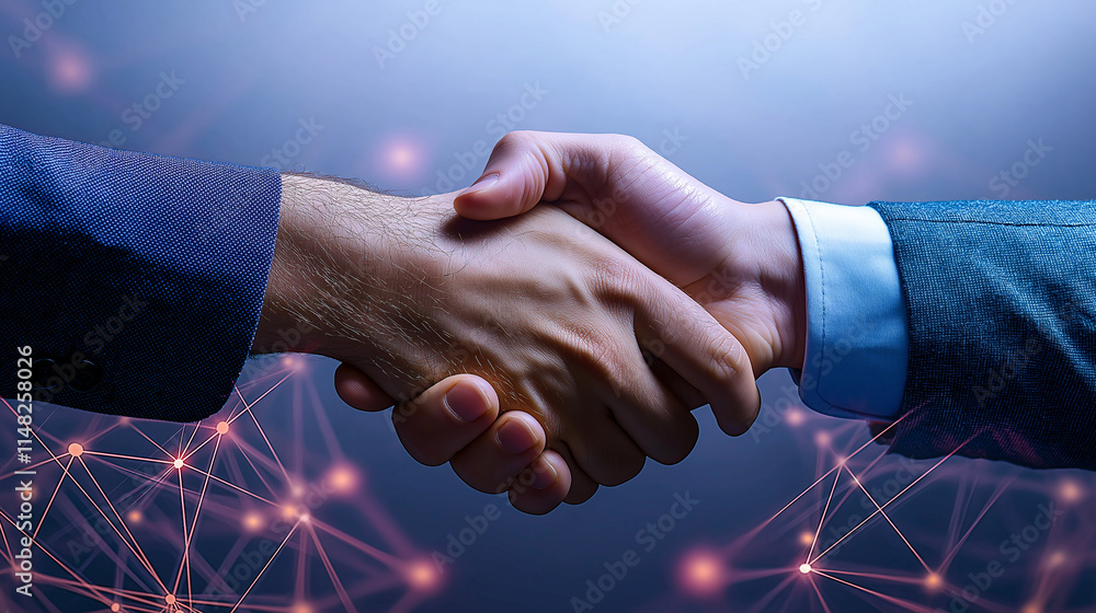 Poster digital handshake symbolizes collaboration and connection in modern context. image features two hand