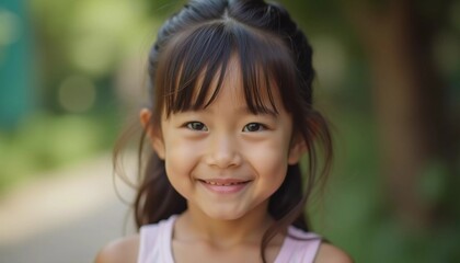 A cheerful girl living in Thailand stands outdoors with a bright smile. The sun shines down, highlighting her happiness as she enjoys her surroundings in a lush green setting. Generative AI
