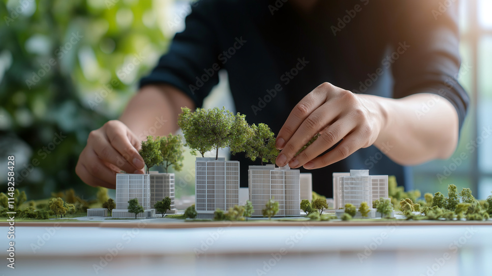 Poster creating architectural models with greenery showcases innovative design. hands carefully place trees