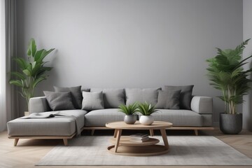 wooden coffee tables with plant in pot in front of grey corner sofa in fashionable living room interior,