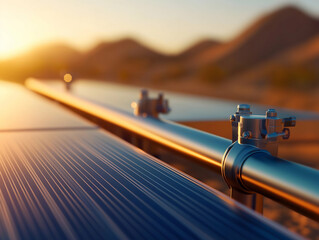 Naklejka premium A close-up of solar panels reflecting sunlight with a desert landscape in the background, highlighting renewable energy technology at dusk.