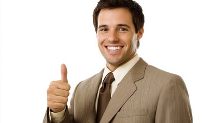 Confident businessman smiling and giving thumbs up gesture in suit