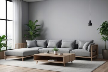 wooden coffee tables with plant in pot in front of grey corner sofa in fashionable living room interior,