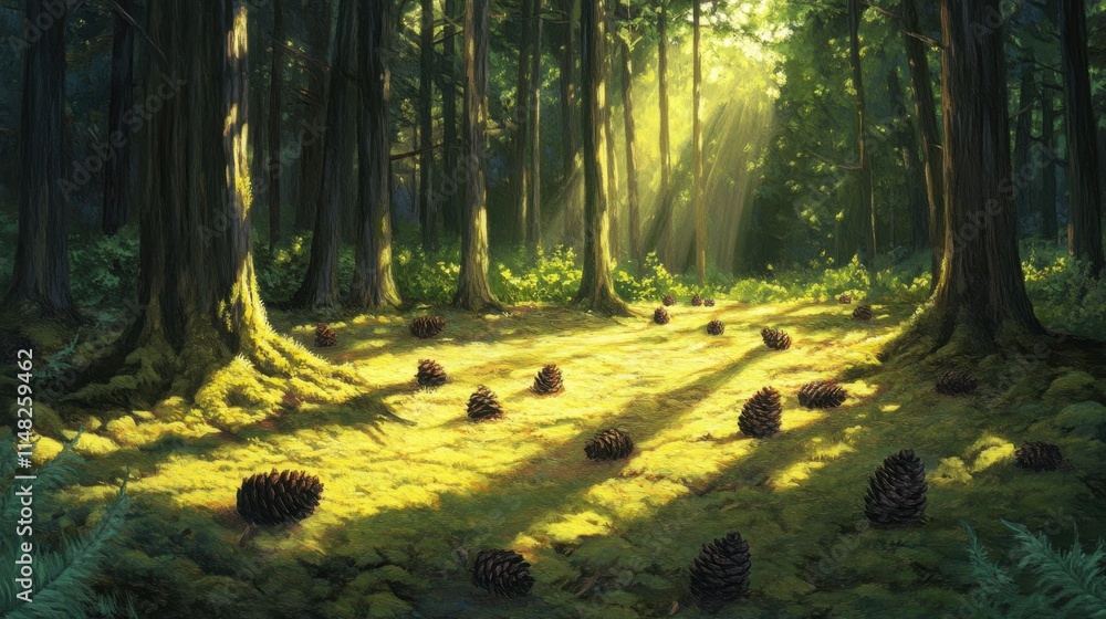 Aufkleber sunlight filtering through trees in a serene forest clearing