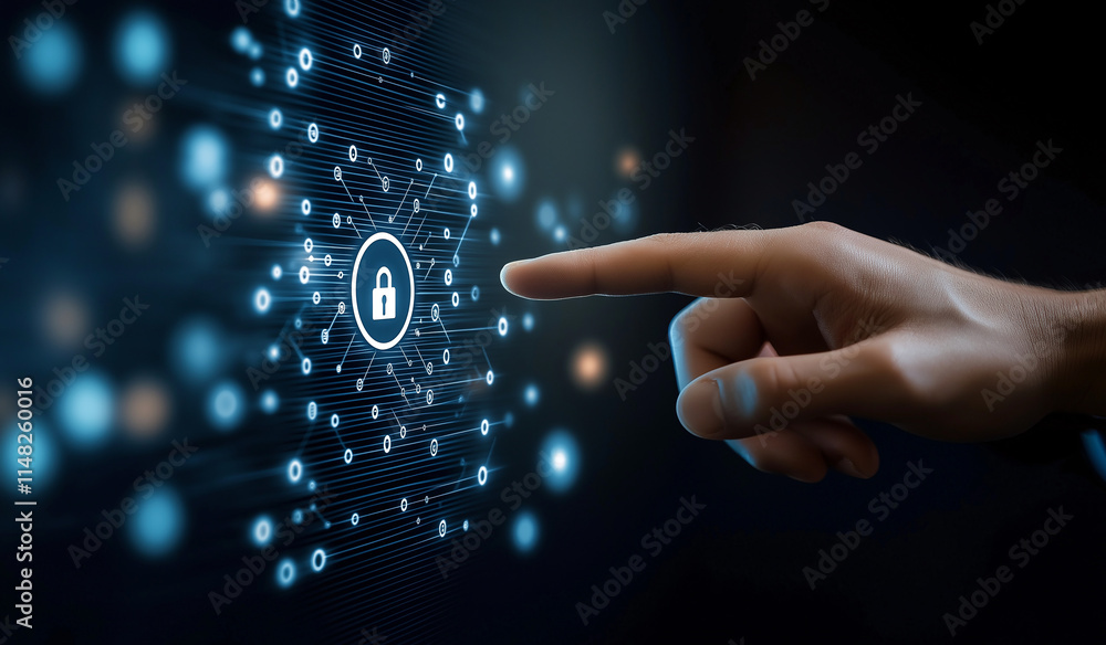 Poster hand touches digital lock symbol, representing cybersecurity and data protection. background feature