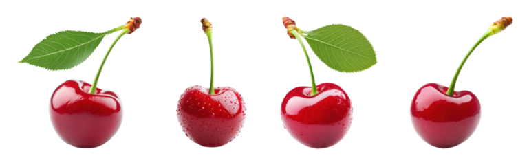 Fresh red cherries with leaves on a black background