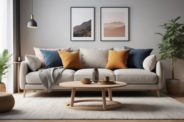 furniture and interior concept sofa with cushions at cozy home living room