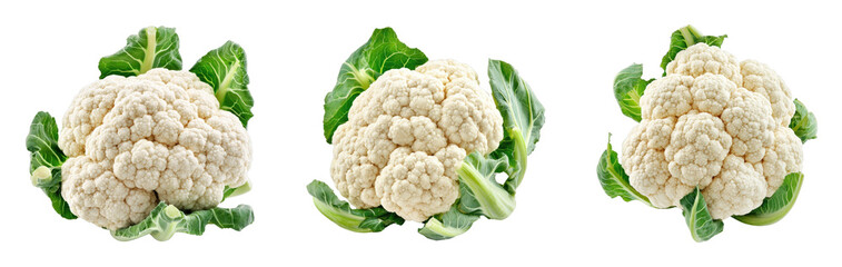 Fresh cauliflower heads with vibrant green leaves