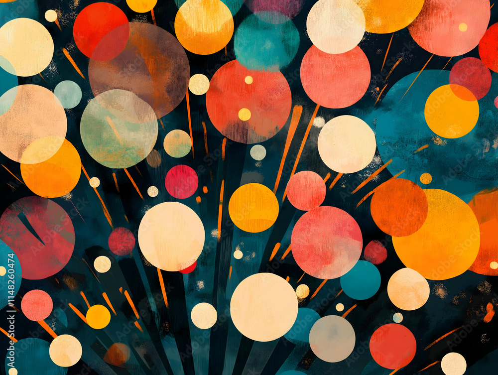 Poster an abstract artwork featuring colorful circles bursting against a dark background, creating a vibran