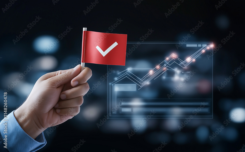 Poster businessman holds red flag symbolizing success, with background of digital graphs and data. this con