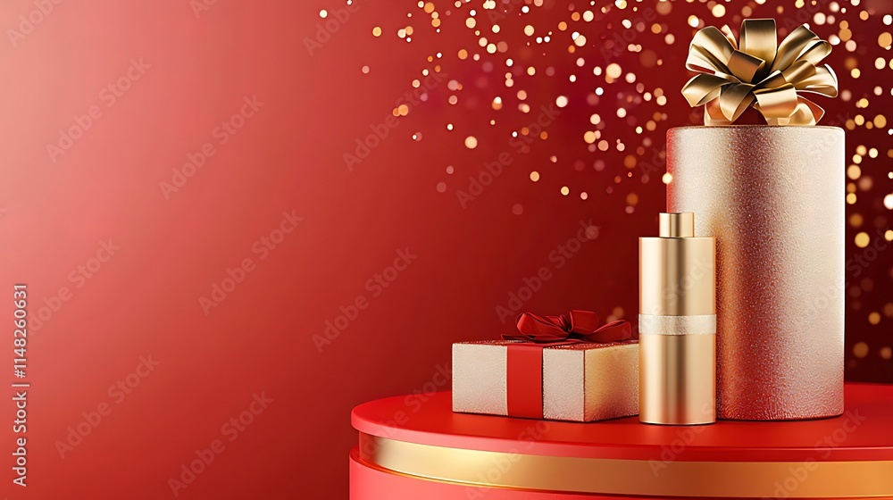 Wall mural Gold gift box and cosmetic bottle on red display with confetti.