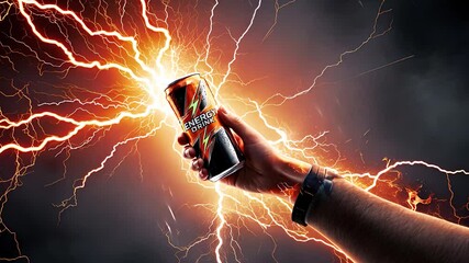Hand Holding Energy Drink Can Surrounded by Electric Lightning Bolts on a Dark Background for a Dynamic Concept

