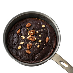 homemade sweet dark chocolate brownie in a skillet on transparent background