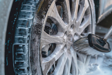 Car wheel cleaning process at outdoor location during daylight hours with focus on cleanliness