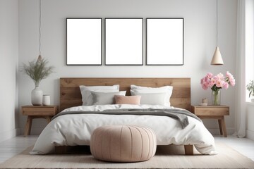 Flowers on wooden stool and pouf in white bedroom interior with posters above bed