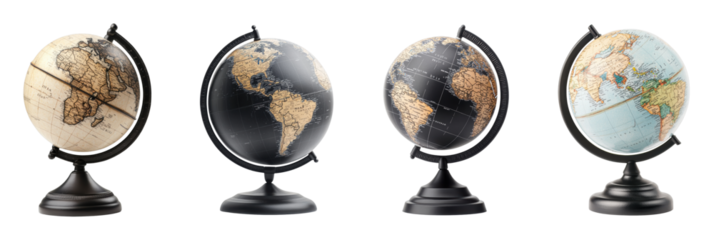 Collection of vintage globes showcasing world maps