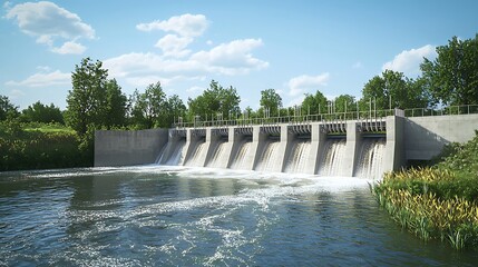Concrete dam with multiple spillways releasing water into a river under a partly cloudy sky.